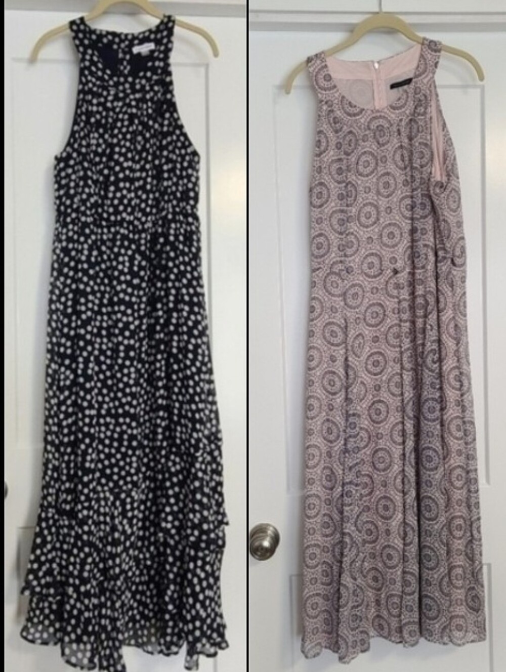 2 Dresses  Elegant Pink Patterned Dress & Blue Polka Dot dress